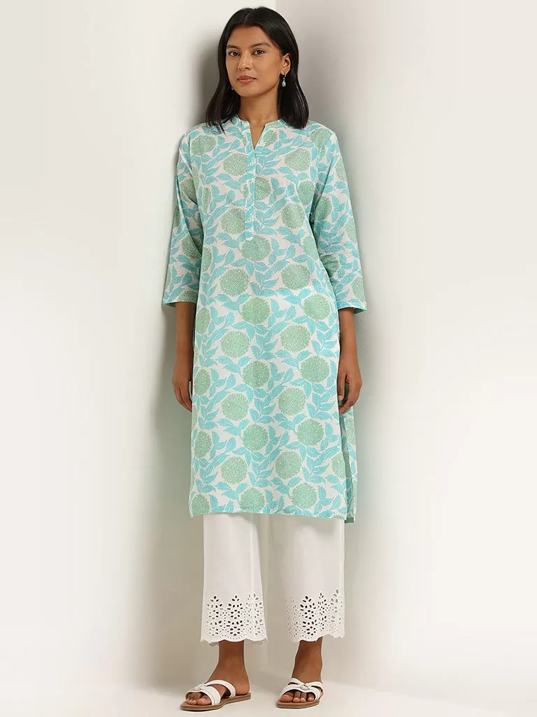 Utsa Turquoise Floral Printed Cotton Straight Kurta