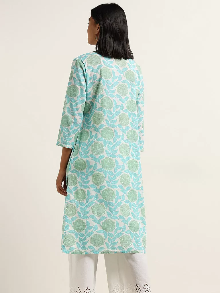 Utsa Turquoise Floral Printed Cotton Straight Kurta