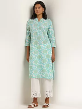 Utsa Turquoise Floral Printed Cotton Straight Kurta