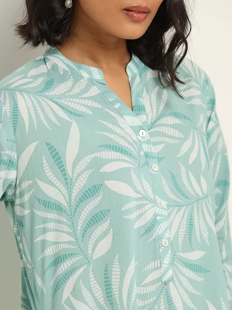 Utsa Turquoise Straight Fit Printed Cotton Kurta