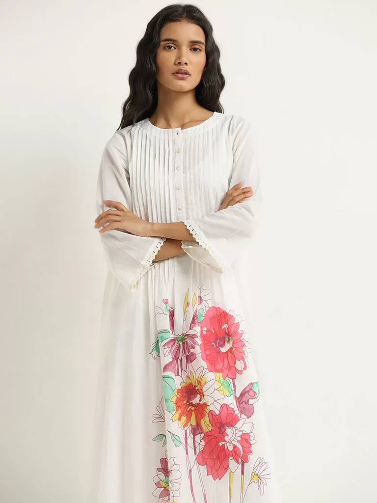 Utsa White Floral Design Cotton A-Line Kurta