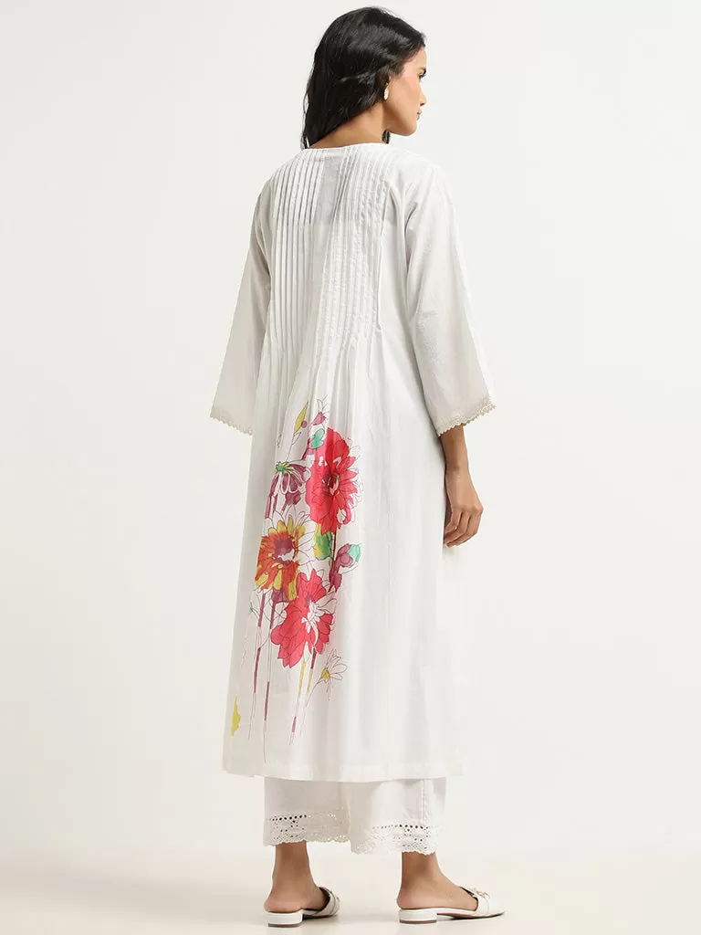 Utsa White Floral Design Cotton A-Line Kurta