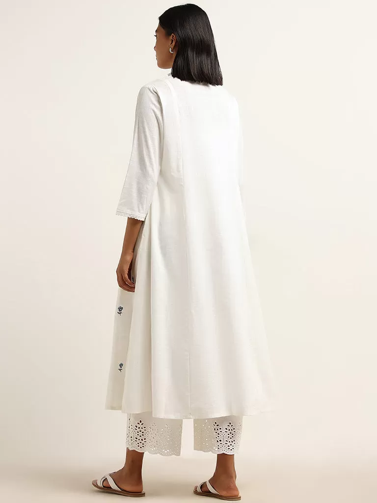 Utsa White Lace Detailed Cotton A-Line Kurta