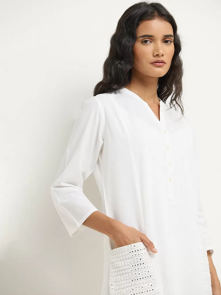 Utsa White Mirror-Detailed Cotton Straight Kurta