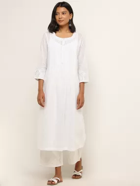 Utsa White Pintuck Detailed Cotton A-Line Kurta