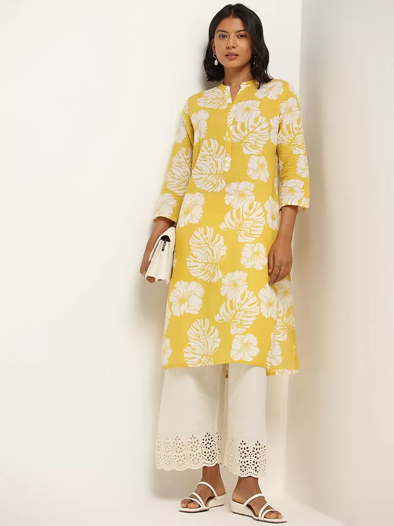 Utsa Yellow Floral Printed Cotton Kurta