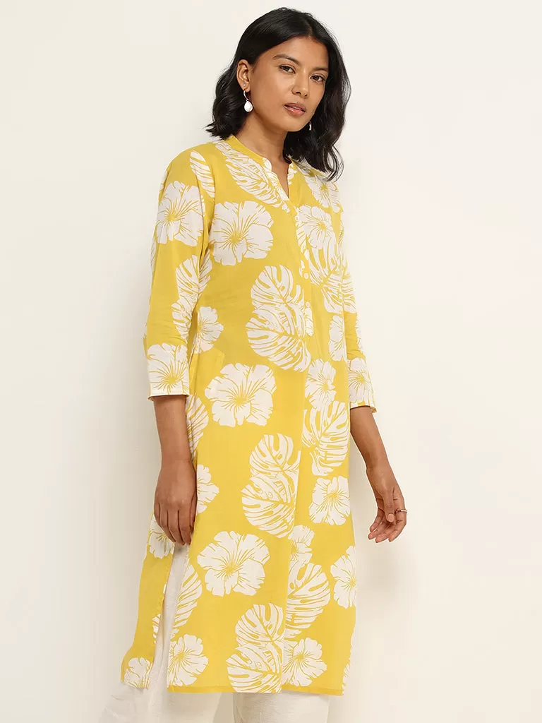 Utsa Yellow Floral Printed Cotton Kurta