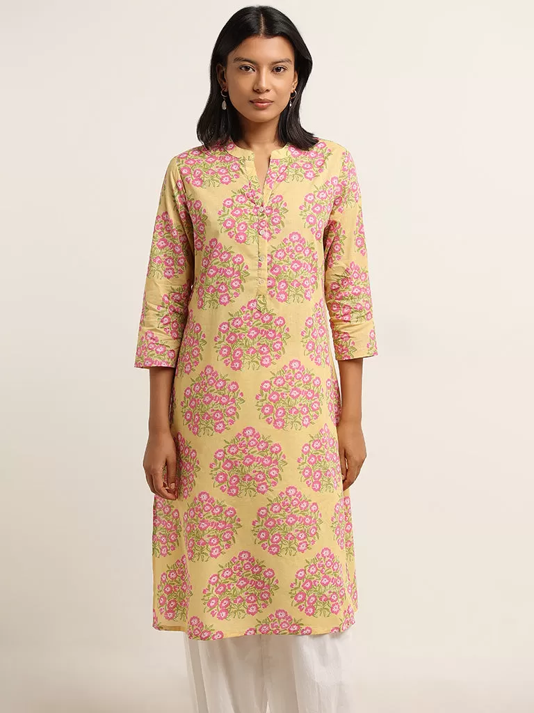 Utsa Yellow Floral Printed Cotton Straight Kurta