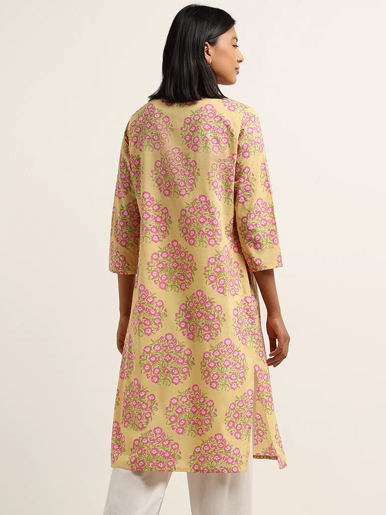 Utsa Yellow Floral Printed Cotton Straight Kurta