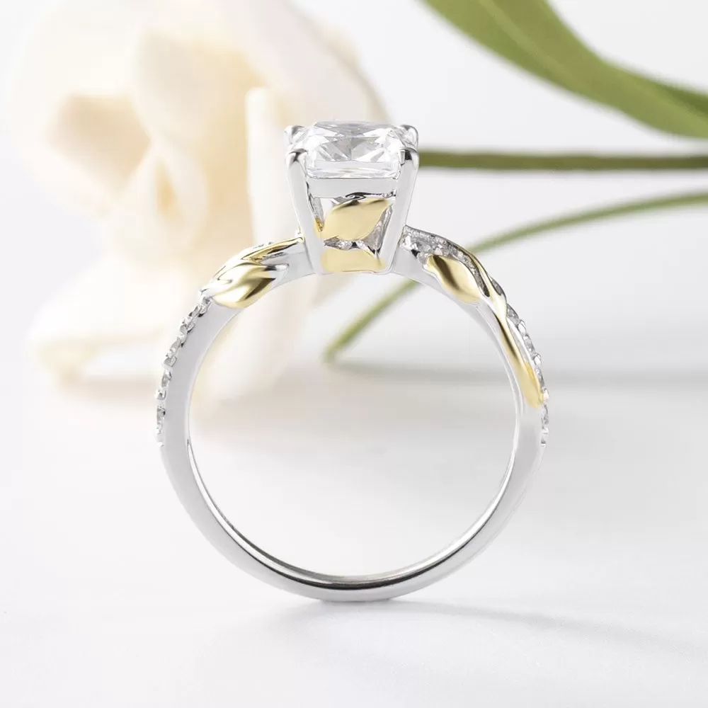 Vine Cushion Cut Golded Two-Tone Sterling Silver Engagement Ring