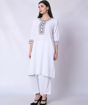 White charcoal hand embroidered cotton kurta set