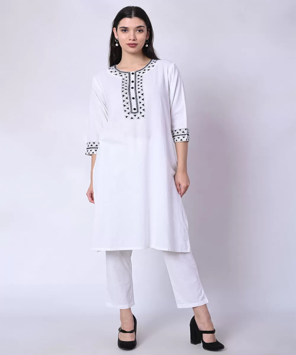 White charcoal hand embroidered cotton kurta set