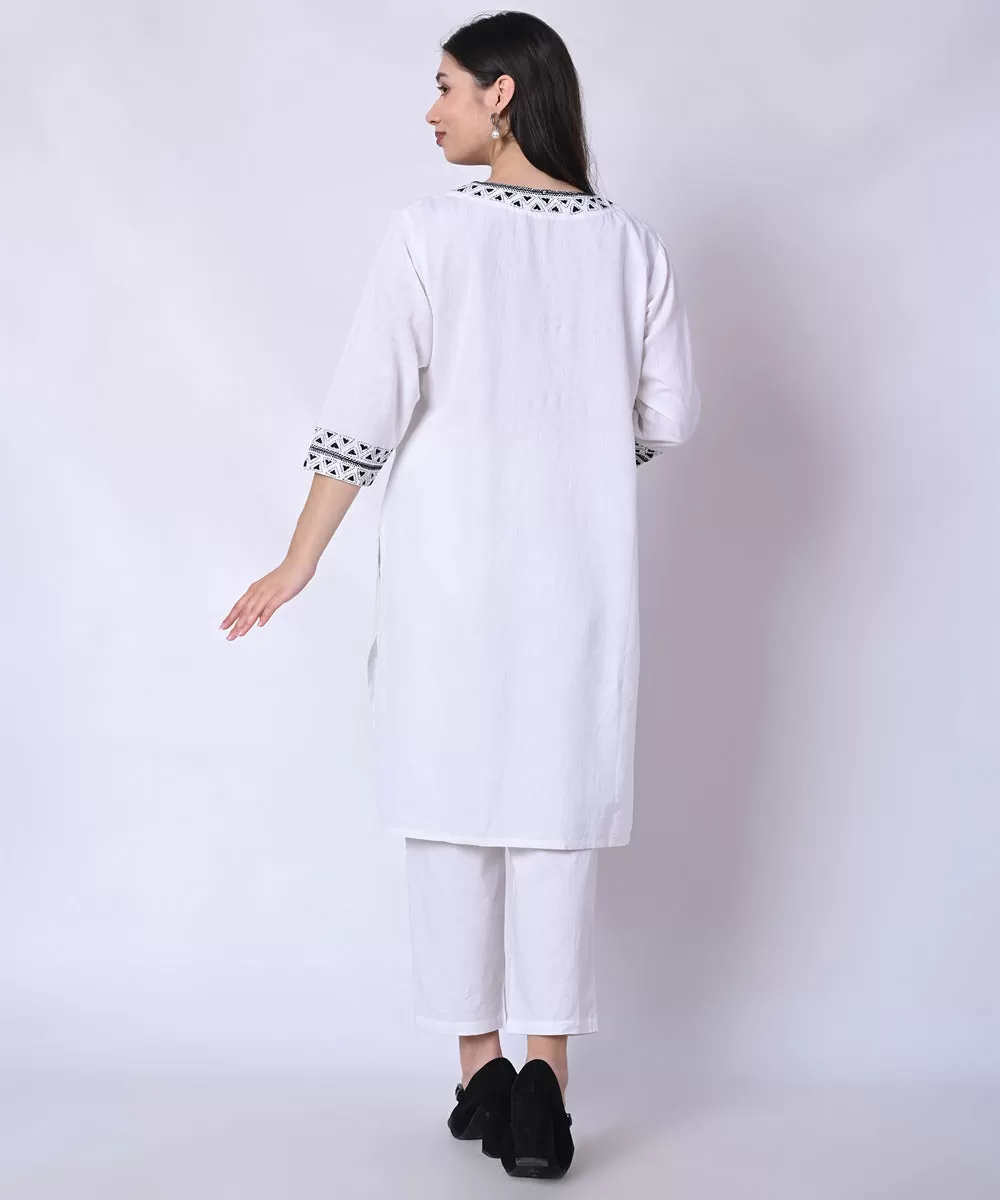 White charcoal hand embroidered cotton kurta set