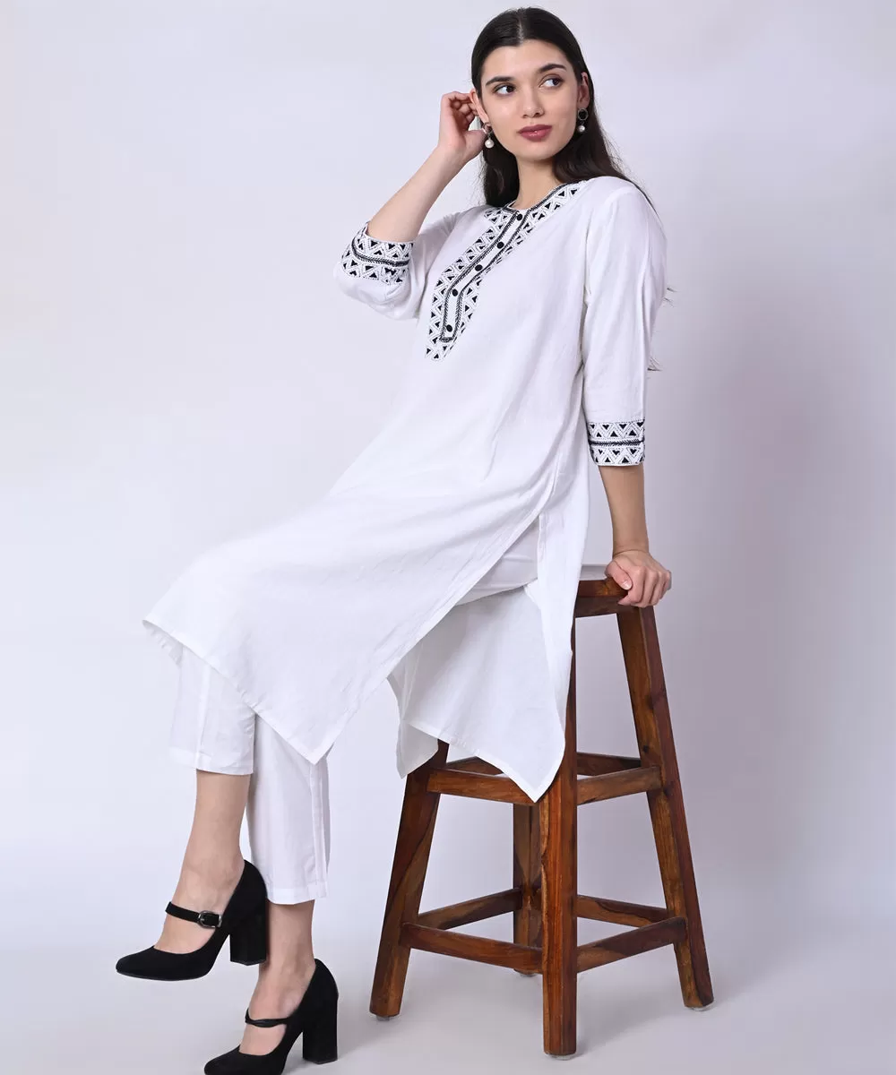 White charcoal hand embroidered cotton kurta set