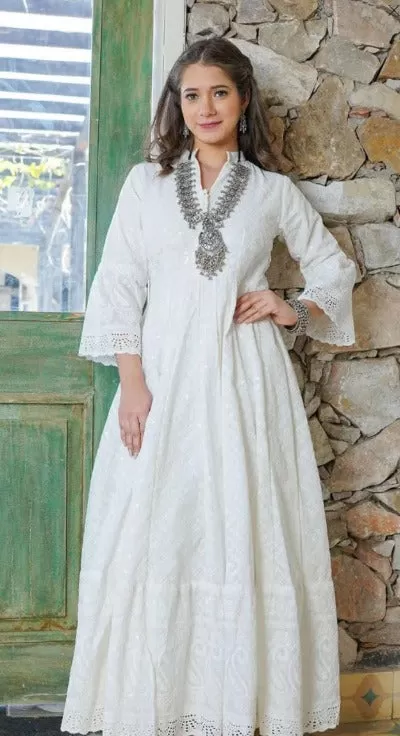 White Lucknowi Chikankari Long kurti Cotton Palazo Suit