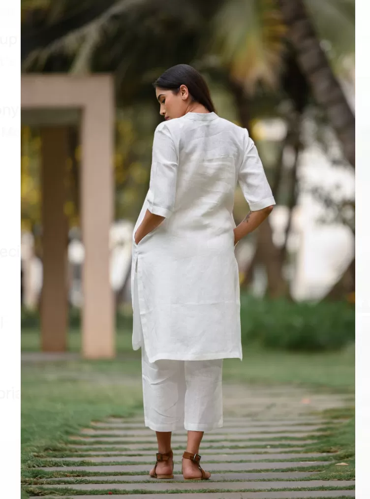 White Plain Cotton Kurta Pant Set for Women