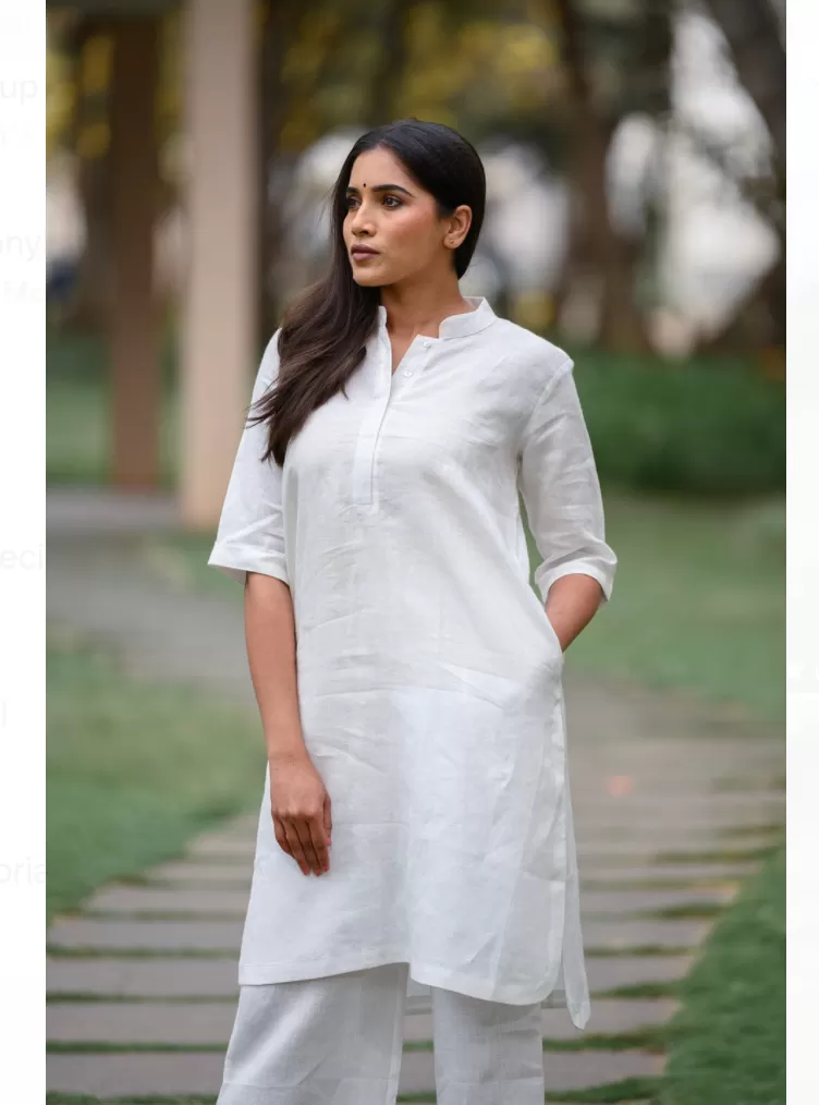 White Plain Cotton Kurta Pant Set for Women