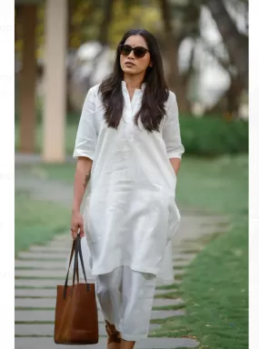 White Plain Cotton Kurta Pant Set for Women