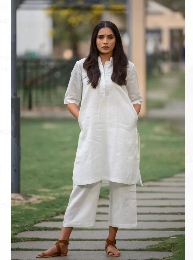 White Plain Cotton Kurta Pant Set for Women