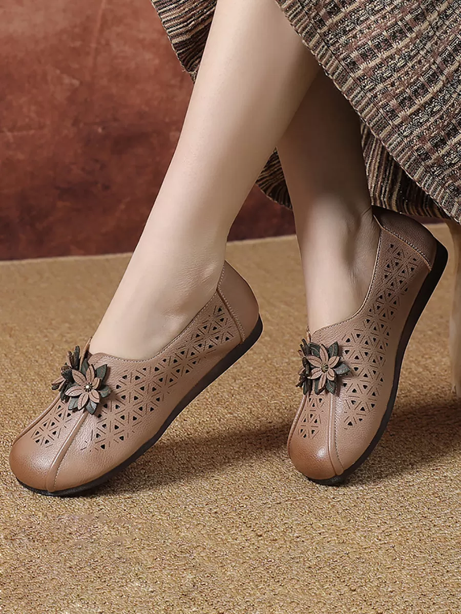 Women Vintage Leather Flower Cutout Flat Shoes PA1026