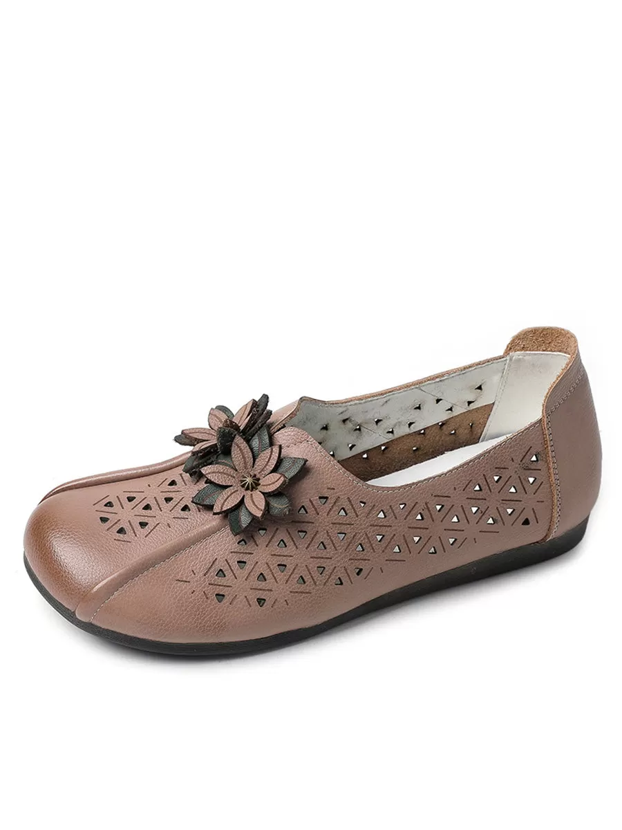 Women Vintage Leather Flower Cutout Flat Shoes PA1026