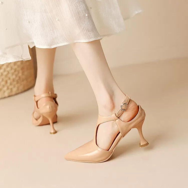 Women's Pointed Toe T Strap Cutout Spool Heel Sandals