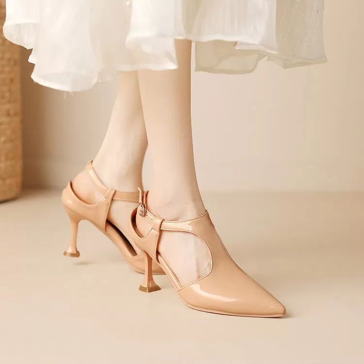 Women's Pointed Toe T Strap Cutout Spool Heel Sandals