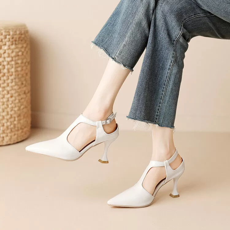 Women's Pointed Toe T Strap Cutout Spool Heel Sandals