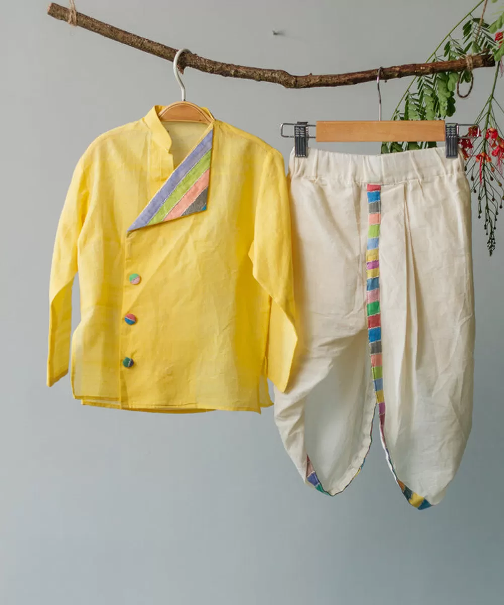 Yellow handwoven cotton overlaped kurta