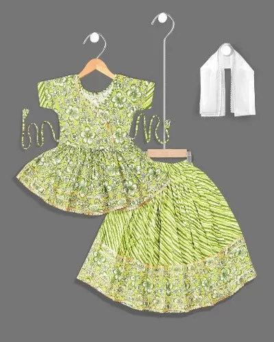 Yellowish Green Kids Soft Cotton Kurta Lehanga Set