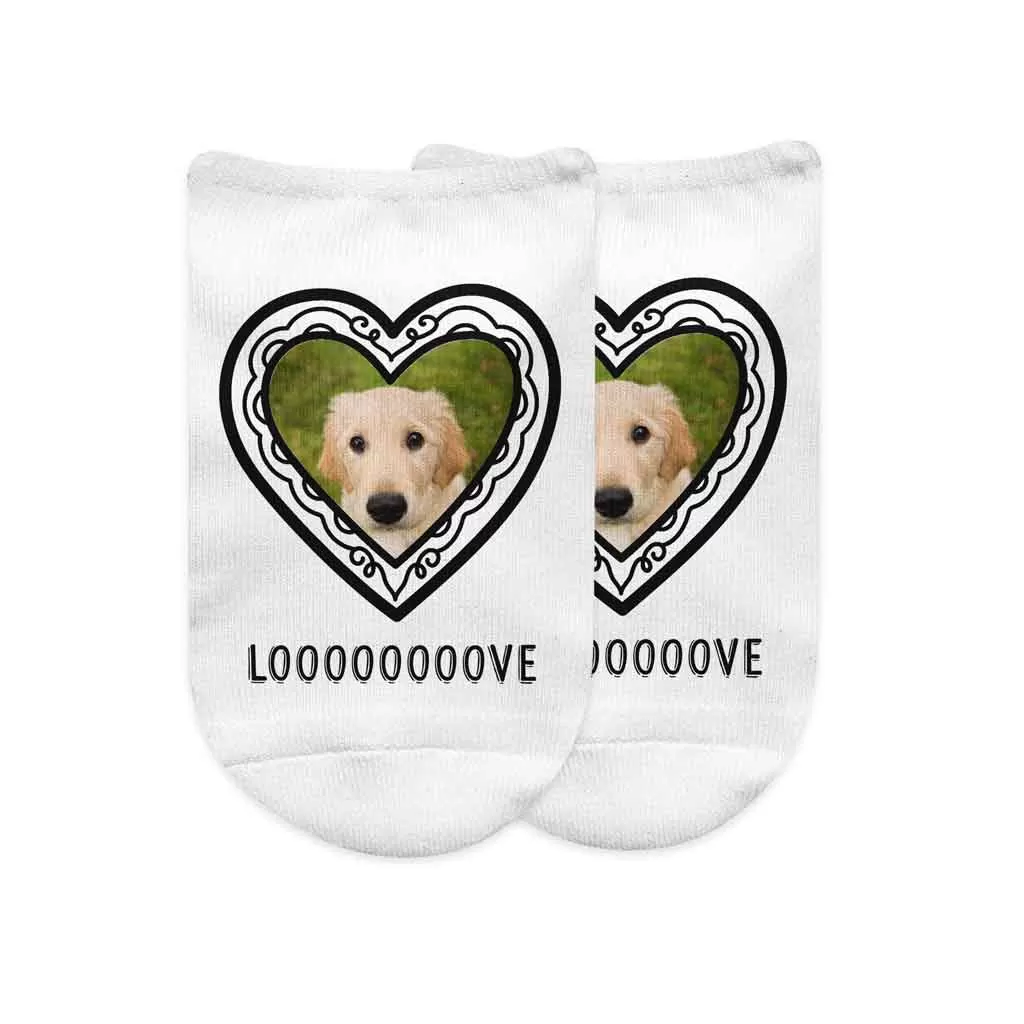 Your Photo and Text on No Show Socks in Heart Frame