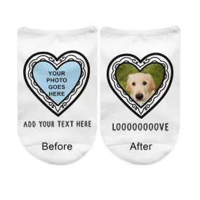 Your Photo and Text on No Show Socks in Heart Frame